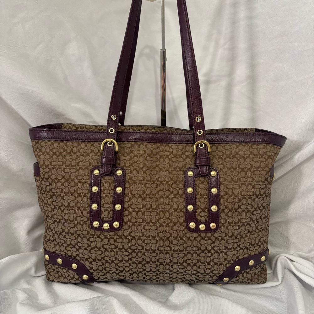 Coach Vintage Studded Signature C Shoulder Bag Tote Large Brown Burgundy Leather - Picture 5 of 14
